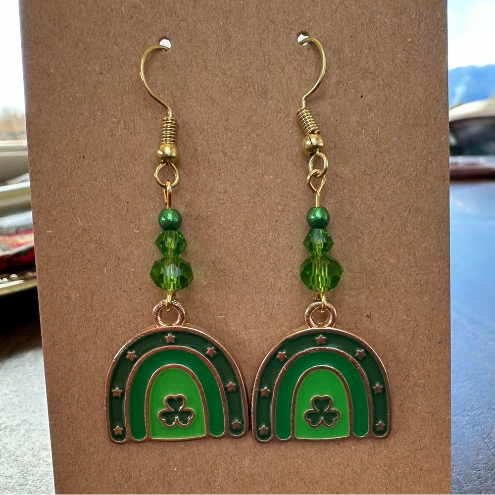 Green Rainbow Earrings with Shamrock Charm-perfect for St Patty’s Day!